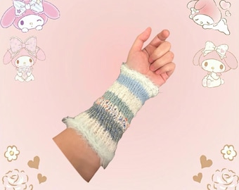 Soft and Warm Blue and White Striped Knitted Arm Warmers