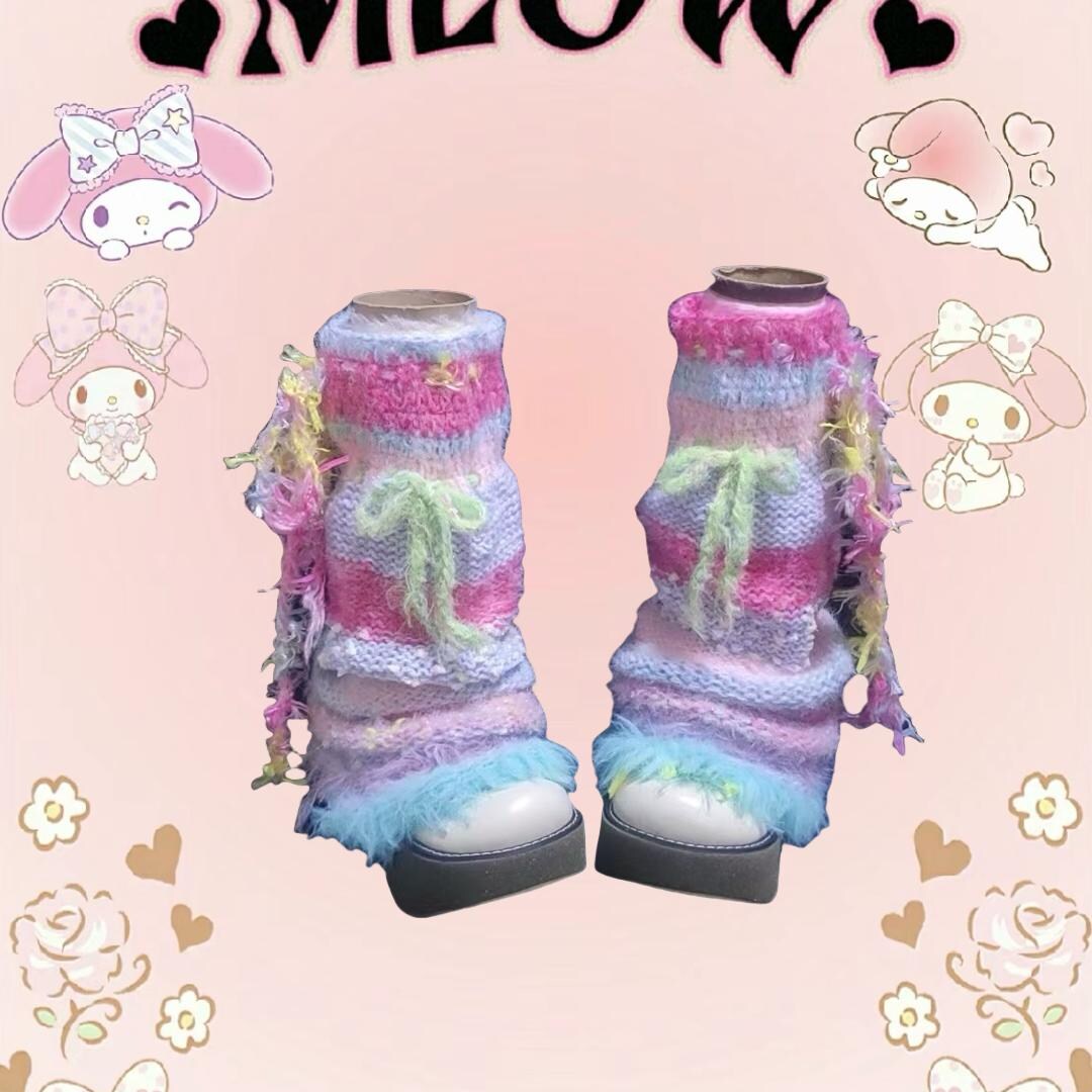 Pastel Pink and Blue Knitted Leg Warmers With Bows, Featuring a