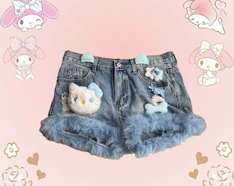 Adorable My Melody denim shorts with faux fur trim