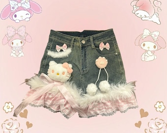Pink and white denim shorts with faux fur trim