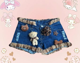 Navy denim shorts with faux fur trim