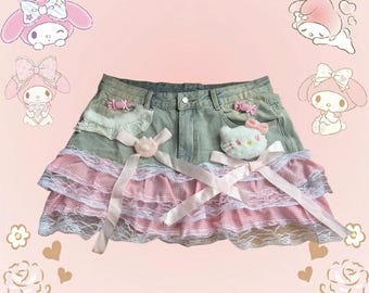 Pink My Melody lace ruffle denim skirt
