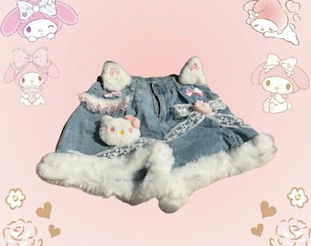 Adorable My Melody denim shorts with faux fur trim