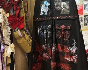 Red and Black Gothic Patchwork Skirt with Punk Accents