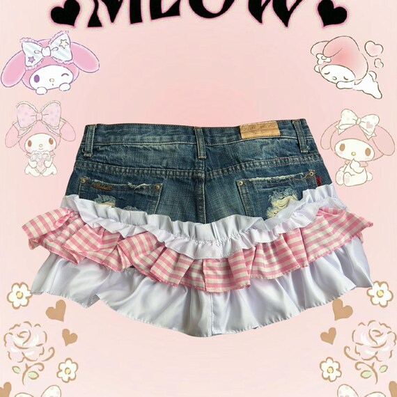 Cute Pink and Blue Ruffle Denim Skirts With Bunny Ears, Pink and
