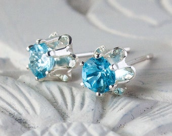 Blue Topaz Ear Studs, Precious Stone Stud Earrings, December Birthstone Gift, Genuine Blue Topaz, 4mm Blue Topaz Faceted Gemstone Studs