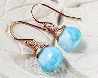 Larimar Earrings, Dainty Teardrop Earrings, Rose Gold Larimar Jewelry, Blue Gemstone Earrings for Women, Beachy Ocean Blue Dangle Earrings