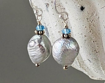 Baroque Pearl Earrings with Blue Topaz, Wrinkly Silver Grey Edison Pearl Earrings, June Birthstone Gift for Her, Metallic Freshwater Pearls