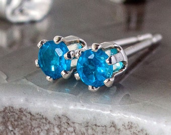 Neon Blue Apatite Studs, Precious Stone Ear Studs, Tiny Gemstone Studs, Genuine Apatite, 3mm Faceted Bright Blue Apatite Stud Earrings