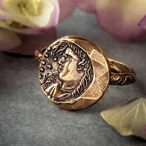 Moon Goddess Ring, Divine Feminine Talisman, Hand Crafted Bronze Ring, Diana Goddess of the Hunt Ring, Artemis Moon Deity, One of a Kind