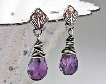 Dainty Amethyst Thistle Earrings, Romantic Jewelry Gifts for Her, Artisan Sterling Silver and Amethyst Dangles, February Birthstone Earrings