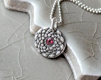 Zinnia Flower Pendant: Artisan Crafted Fine Silver & Raspberry Garnet, January Birthstone Jewelry
