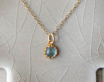 Gold Aquamarine Pendant Necklace: Antique Inspired Vermeil Scalloped Crown Set Gemstone, March Birthstone Gift