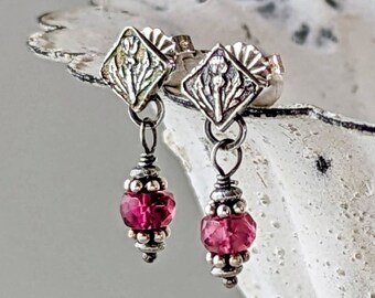 Dainty Pink Tourmaline Thistle Earrings, Romantic Jewelry Gifts for Her, Artisan Silver & Rubellite Dangles, October Birthstone Earrings