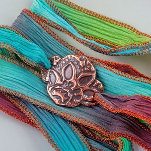 Silk Wrap Bracelet, Artisan Copper Handmade Silk Wrap, Mehndi