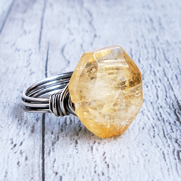 Citrine Talisman Ring for Abundance and Happiness, Tumbled Gemstone Statement Ring, November Birthstone, Custom Wire Wrapped, Witchy Ring