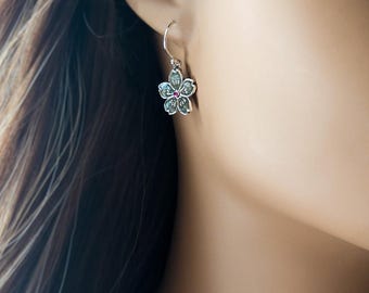 Cherry Blossom Earrings with Ruby: Artisan Fine Silver Flower Jewelry, Romantic Gift for Her