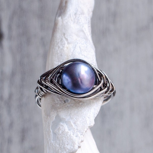 Gray Freshwater Pearl Ring, Custom Wire Wrapped Ring in Sterling and Yellow or Rose Gold Fill, June Birthstone, Herringbone Weave Ring