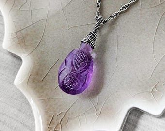 Carved Amethyst Pendant Necklace: Large Purple Gemstone Teardrop, February Birthstone Jewelry