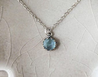 Petite Rose Cut Aquamarine Pendant Necklace: Sterling Silver Scalloped Crown Setting, March Birthstone Gift