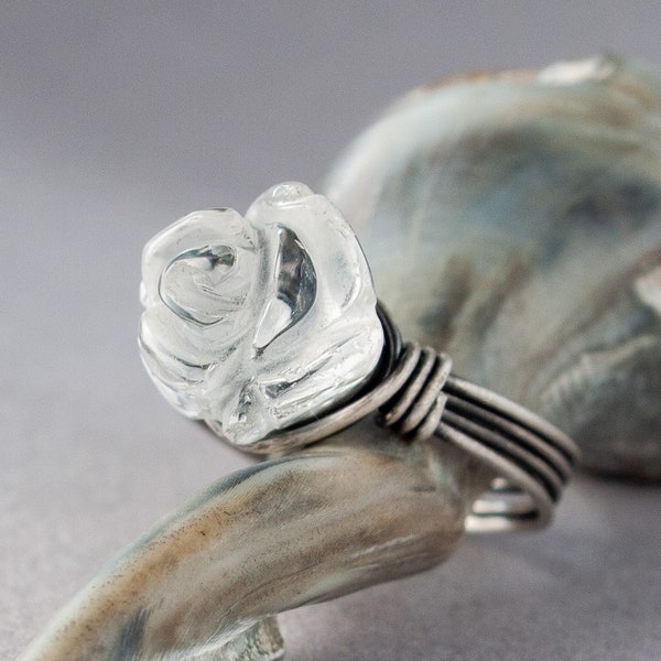 Quartz Rose Flower Ring, Carved Gemstone Rose, Crystal Flower Ring, April Birthstone Gift for Women, Custom Wire Wrapped Silver or Gold