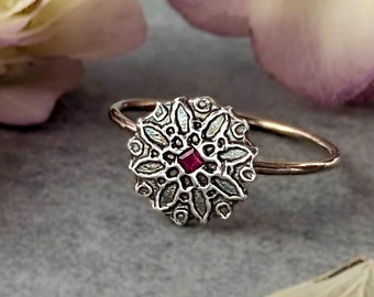 Ruby Mandala Ring for Women, Artisan Fine Silver and Princess Cut Ruby, July Birthstone Ring for Her, Silver Mandala Ring, Recycled Silver