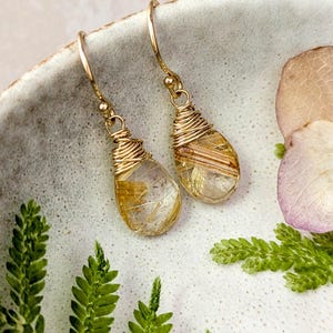 Golden Rutilated Quartz Earrings: Faceted Teardrop, 14k Gold Fill