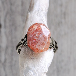 Raw Sunstone Ring | Sacral Chakra Stone | Stone of Joy | Custom Wire Wrapped Gemstone Ring in Sterling Silver or Yellow or Rose Gold Fill