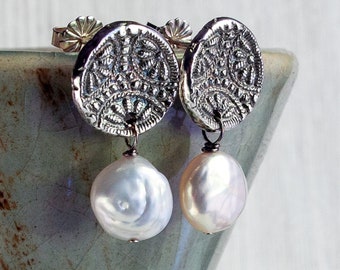 Art Nouveau Flower Earrings, Coin Pearl Earrings, Artisan Sterling Silver & Freshwater Pearls, Elegant Gift for Her, Unusual Bridal Earrings