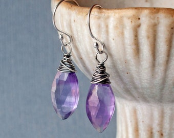 Amethyst Marquis Earrings, Sterling Silver and Amethyst, February Birthstone, Purple Gemstone Earrings, Amethyst Birthstone Gift