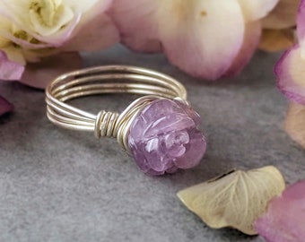 Amethyst Flower Ring, Carved Gemstone Rose, Crystal Flower Ring, February Birthstone Gifts for Women, Custom Wire Wrapped in Silver or Gold