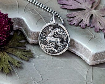 Leaping Stag Necklace Sterling Silver, Deer Talisman Pendant, Nature Jewelry, Cottagecore Gift for Her