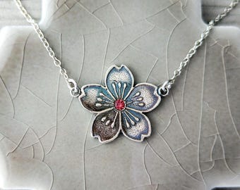 Cherry Blossom Necklace with Garnet: Artisan Fine Silver Flower Jewelry, Romantic Gift for Her