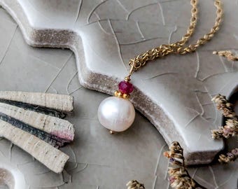Pearl & Ruby Pendant Necklace: Dainty Gold July Birthstone Jewelry, Understated Gemstone Gift