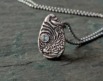 Fine Silver Koi Pond Necklace: Water Ripple Pendant with Blue Zircon, Petite Impressionist Jewelry
