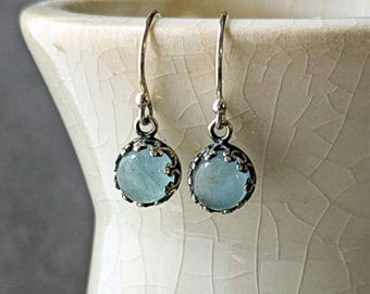 Antique Inspired Aquamarine Earrings: Romantic Silver Scalloped Crown Set Milky Blue Gemstone, March Birthstone
