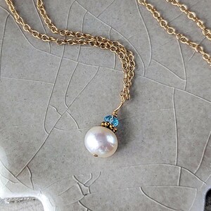 Pearl & Swiss Blue Topaz Pendant Necklace, Dainty Freshwater Pearl and 14k GF Necklace, June Birthstone, Minimalist Jewelry Gift for Her