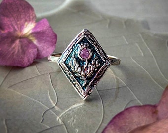 Pink Sapphire Thistle Ring: Artisan Fine Silver, Scottish Jewelry, September Birthstone Gift, Celtic Talisman