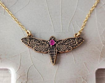 Hawk Moth Necklace: Bronze, Raspberry Rhodolite Garnet, 14k Gold Filled Chain | Nature Talisman Jewelry