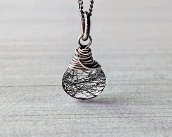 Black Tourmalinated Quartz Necklace: Sterling Silver Wire Wrapped Briolette Pendant on Chain