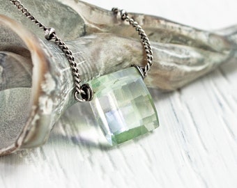 Prasiolite Necklace: Pale Green Amethyst, Sterling Silver, February Birthstone