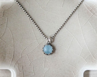 Sterling Silver Aquamarine Pendant Necklace: Dainty Scalloped Crown Set Gemstone, March Birthstone Gift