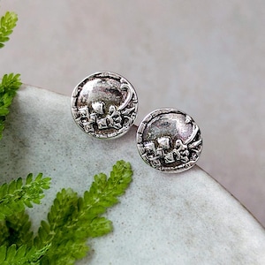 Sterling Silver Lattice Flower Stud Earrings, Victorian Button Botanical Jewelry