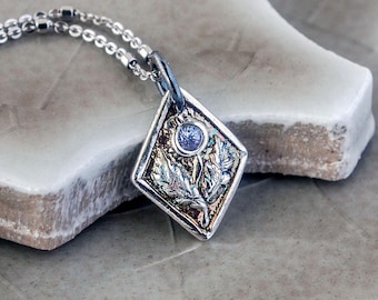Thistle Pendant with Tanzanite, Artisan Fine Silver, Botanical Jewelry, Symbolic Heritage Gift for Her