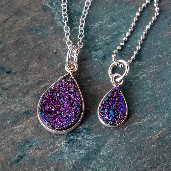 Druzy Teardrop Pendant, Small and Large Druzy, Sterling Silver Druzy Gemstone Necklace, Natural Druzy Layering Necklace, Iridescent Druzy