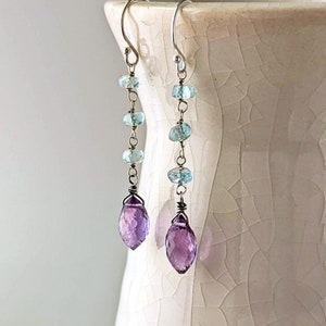 Amethyst and Apatite Drop Earrings, Wire Wrapped Silver Multi Gemstone Dangle Earrings, Dramatic Earrings, February Birthstone Gift for Her