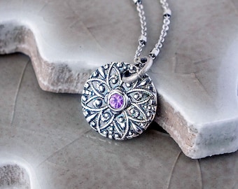 Victorian Inspired Fine Silver Flower Pendant: Pink Sapphire September Birthstone Necklace
