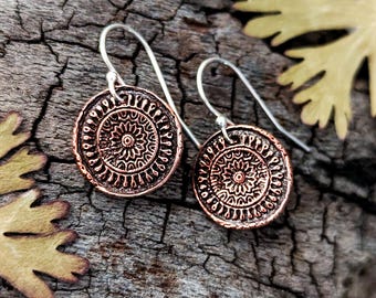 Copper Mandala Earrings: Tribal Discs, Belly Dance Inspired, Handmade Dangles, Bohemian Festival Earrings