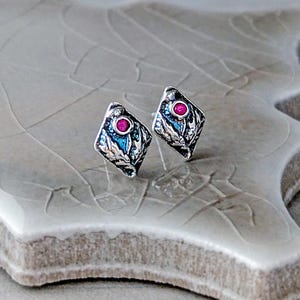 Thistle Stud Earrings: Fine Silver & Ruby, Scottish Heritage Jewelry, July Birthstone Gift