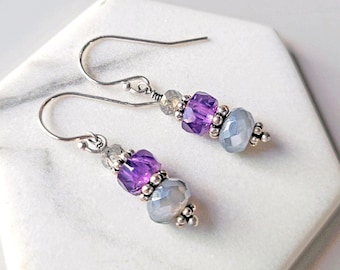 Amethyst Earrings with Moonstone & Gray Sapphire, Sterling Silver Gemstone Dangles
